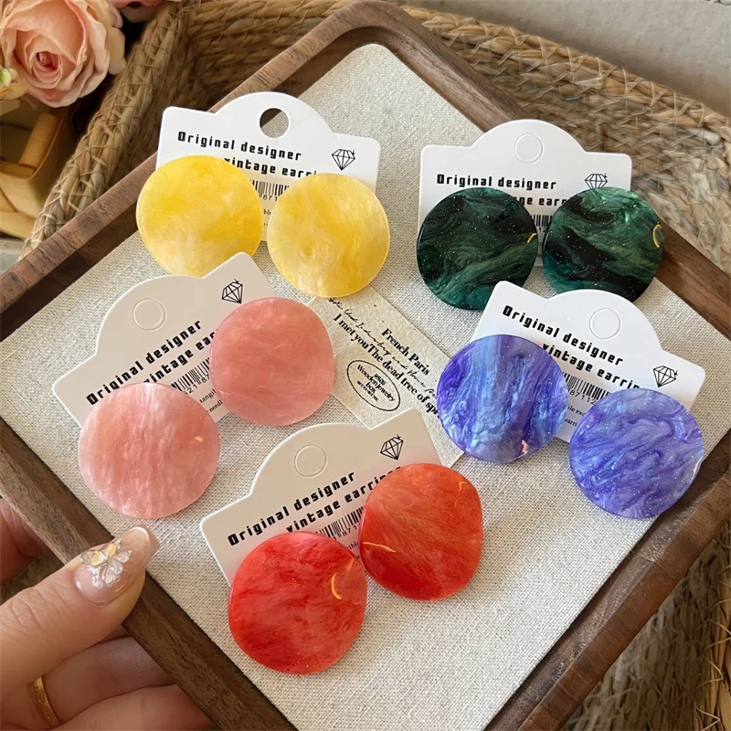 Fashion Candy Color Round Acetic Acid Earrings For Women Temperament French Texture Acrylic Earrings Vacation Beach Jewelry Gift