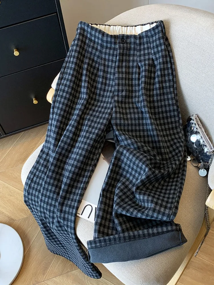 Retro plus velvet thick checkered pants women in autumn and winter high waisted straight leg loose casual wide leg pants