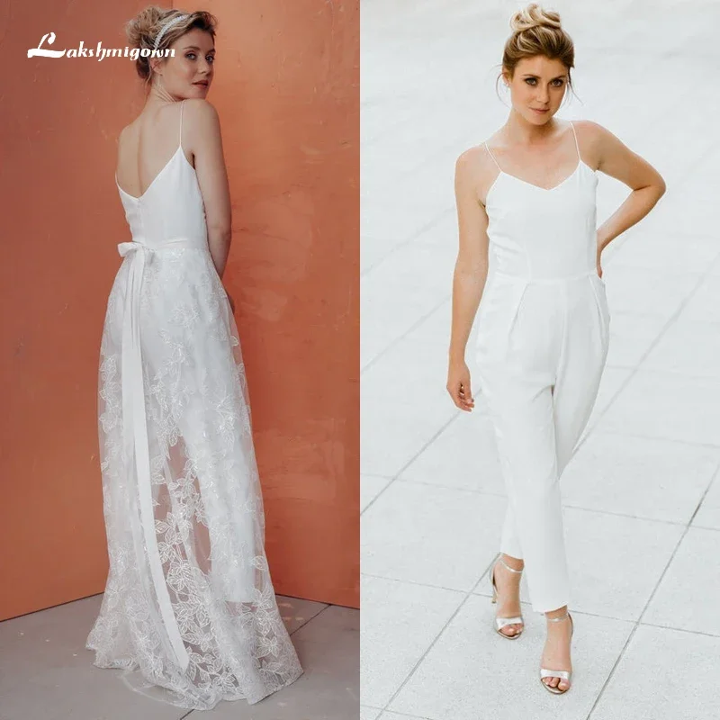 Modern V-neck Spaghetti Straps Detachable Activity Mop A-Line Jumpsuit Wedding Dress Satin Bridal Gown Zipper Sashes Bow robes