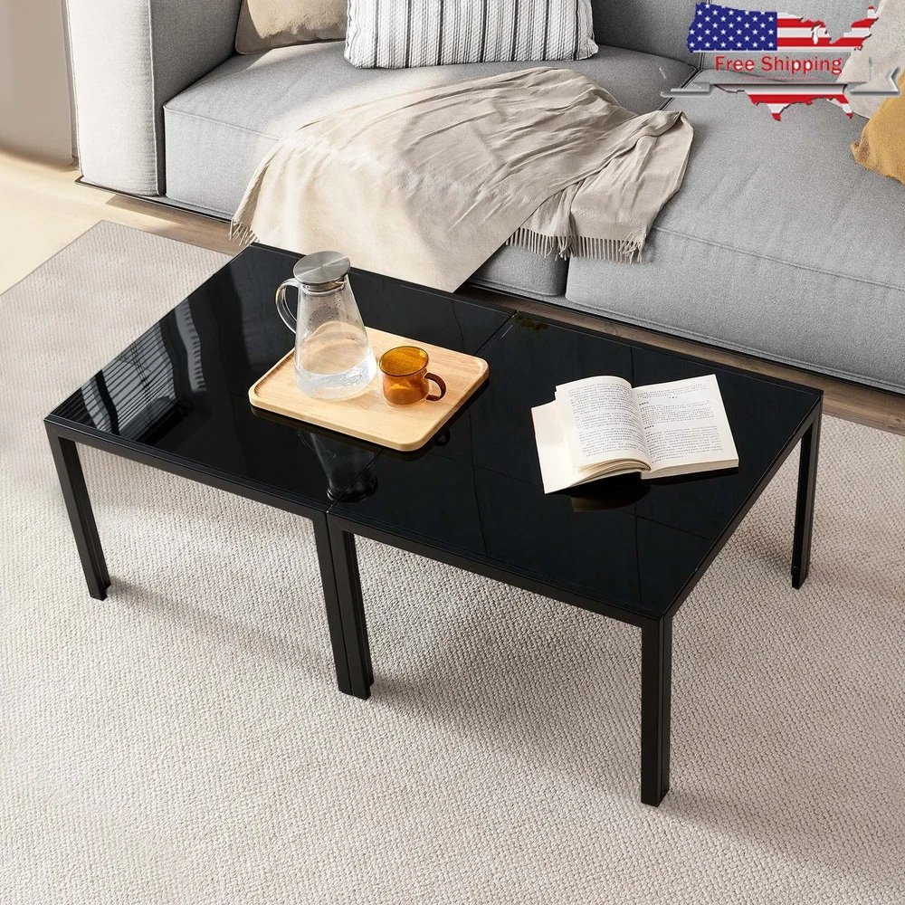 

Modern Coffee Table Set of 2 Tempered Glass Side Tables Multifunctional End Table Living Room Bedroom Sturdy Metal Base