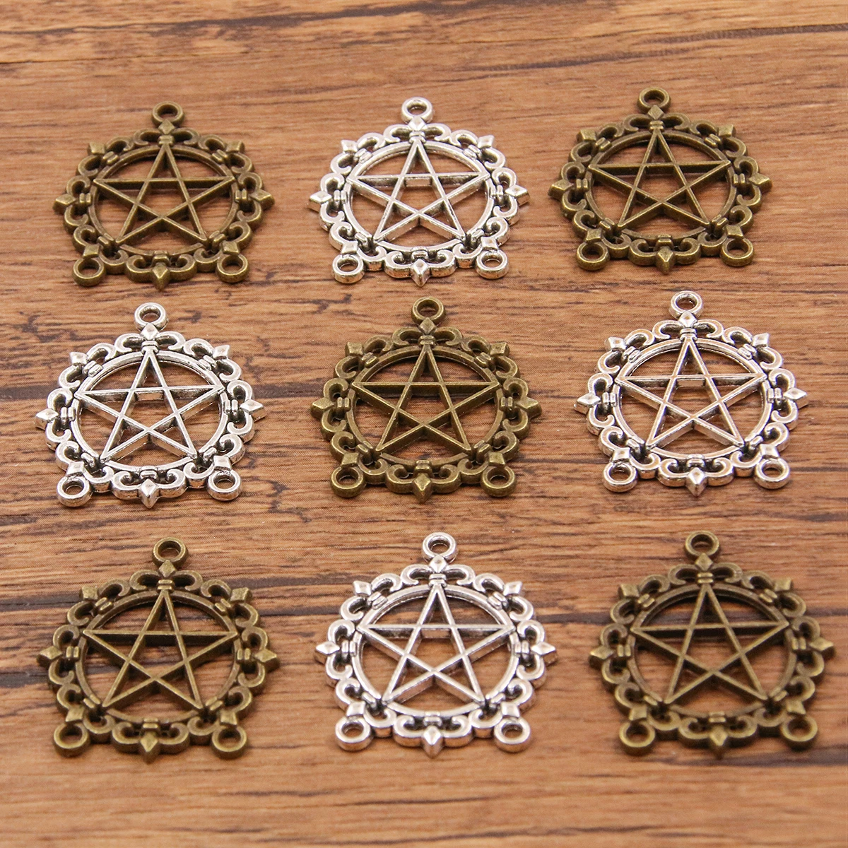 10pcs 24*27mm Two Color Zinc Alloy Necklace Charm Jewelry DIY Hollow Round Star Porous Connector Pendant Necklace