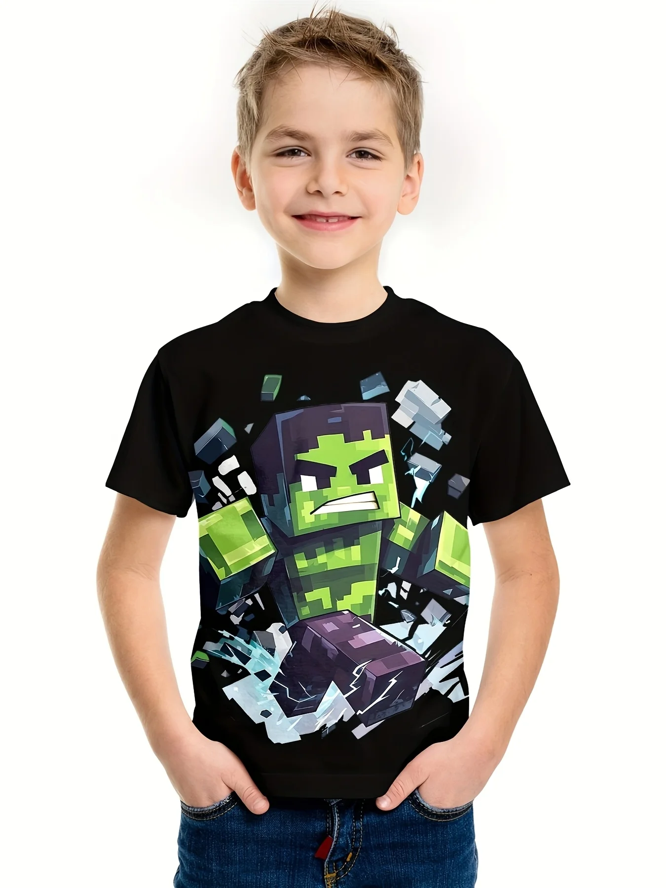 Children Black Crew Neck Tee Vivid Pixel Green Zombie Breaking Cube Block Game Boys Summer Casual Short Sleeve Top