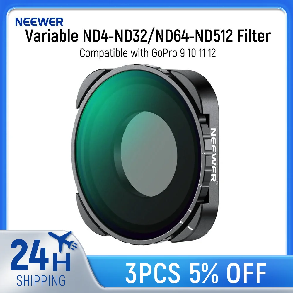 NEEWER Variable ND4-ND32 Filter Compatible with GoPro 9 10 11 12, 2-5 Stops Variable ND Filter with HD Multicoated HD Glass