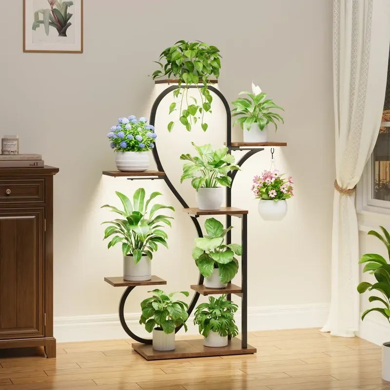 7 Tier Curved Metal Wood Plant Stand with Grow Lights Hooks Indoor Flower Pot Shelf Rack for Home Garden Decoration Display