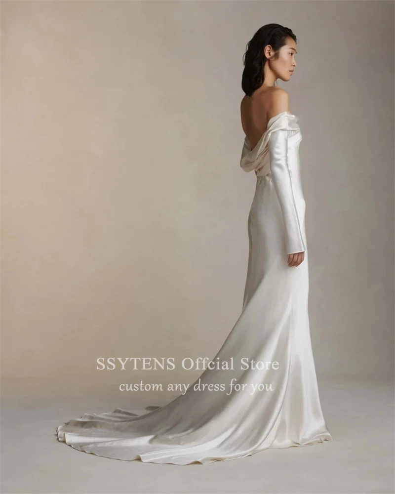 SSYTENS Civil Satin A Line Suknie Ślubne Dla Kobiet Off Shoulder Suknie Panny Młodej Długość Podłogi Długi Rękaw Vestido De Mariages