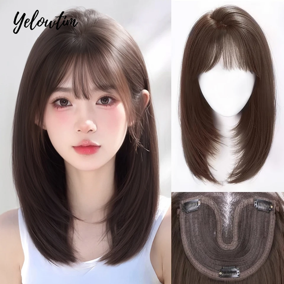 

Yelowtim Synthetic Topper Hairpiece False Bang Natural Fake Fringe Invisible Clourse Hairpiece Clip-In Bangs Extension for Women