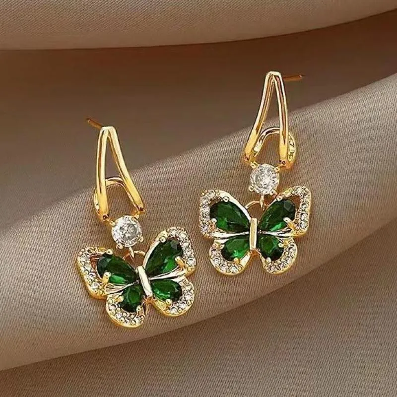 925 Silver Needle Green Crystal Butterfly Drop Earrings For Women Korean Jewelry 2024 Trending Fairy Luxury Women's Earrings New