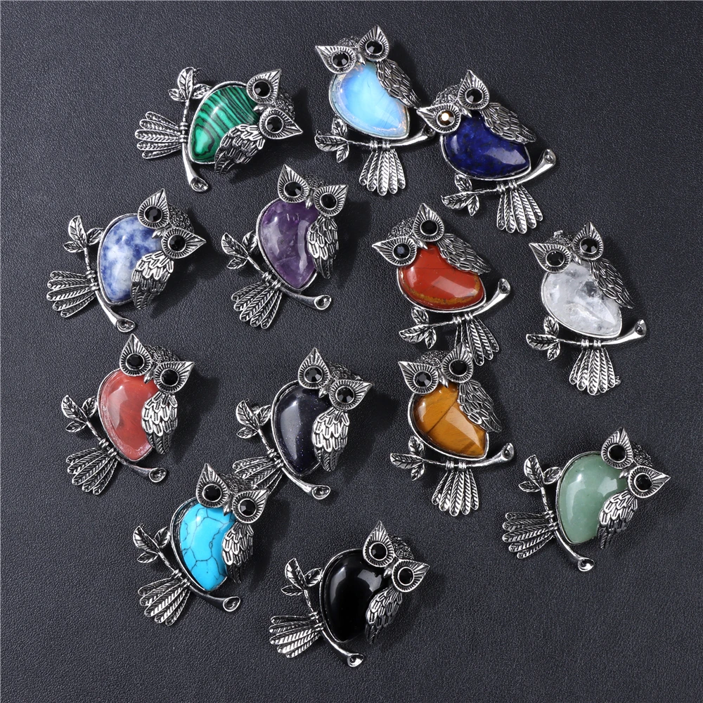 Vintage Owl Pendant Animal Shape Natural Stone Tiger Eye Clear Quartz Crystal Charms Pendants for Women Men Jewelry Making DIY