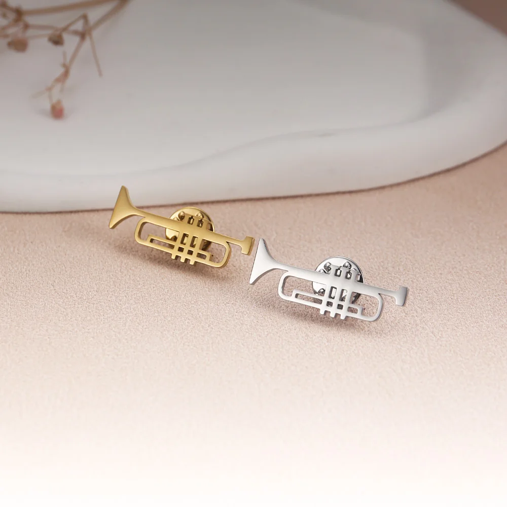 Musical Instrument Trumpet Brooch Pin Stainless Steel Mens Punk Hip Hop Music Brooches Jewelry Elegant Clothing Pin Accessories