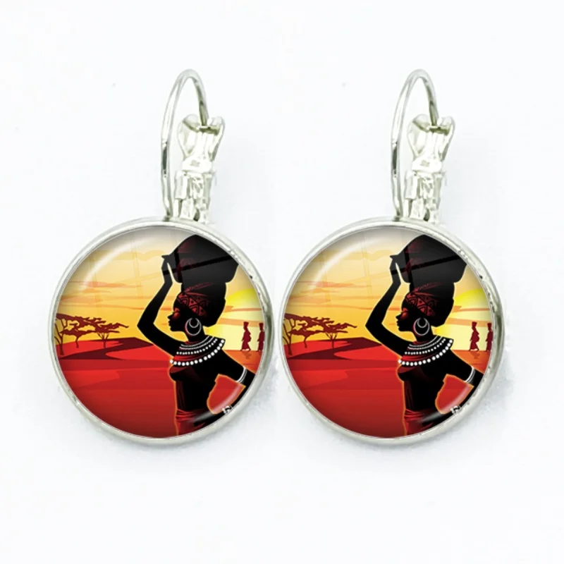 African Abstract Art Painting Afro Women Glass Cabochon French Hook Earrings Drop Earrings Jewelry Accessories Gifts