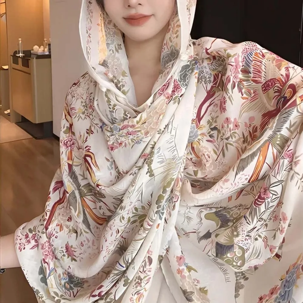 

Fashion Breathable Women Floral Scarf Long Bird Patterned Thin Large Shawl Sweat-absorption Polyester Sunscreen Headscarf Girls
