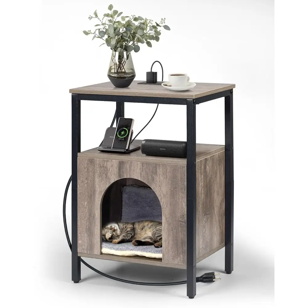 

Charging Station Cat End Table with Built-in Bed & Hideaway, Greige
