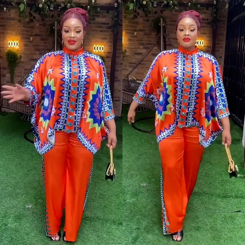 African Clothes For Women Dashiki 2 Piece Sets Africa Clothing Ethnic Style Print Satin Bat Sleeve Top and Pant Sets 2024 Spring