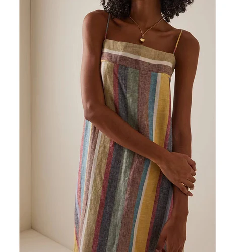 Imagen 2 del producto Vestido largo bohemio con espalda descubierta y tirantes para mujer, vestido veraniego por debajo de la rodilla con cuello oblicuo, informal, estampado a rayas, Maxi, a la moda