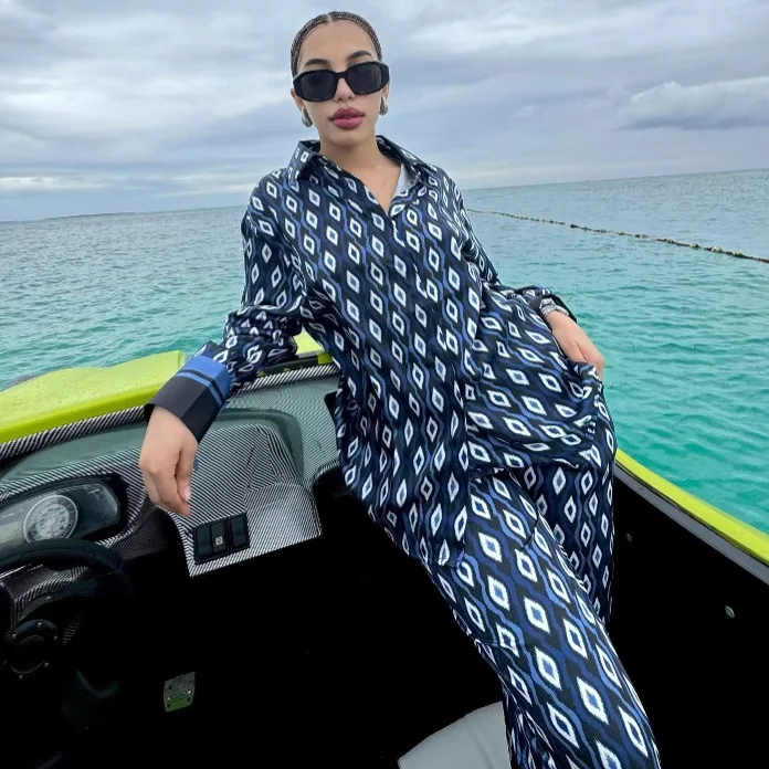 

Комплект из двух предметов, женские рубашки с длинными рукавами и принтом, комплекты брюк с отложным воротником и пуговицами, повседневные широкие брюки, уличная одежда 2025 г.