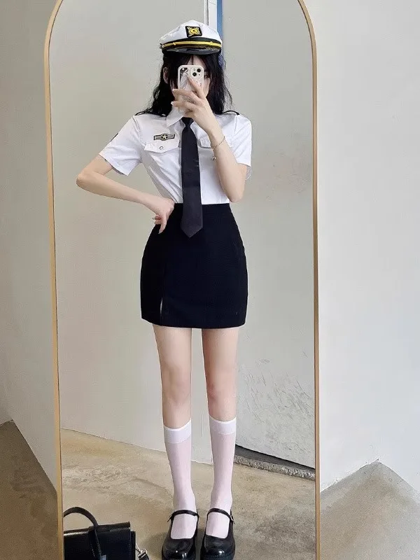 Seksowny strój stewardesy na Halloween, zestaw JK, odzież do pracy w klubie nocnym/barze, czysta pokusa, bluzka, obcisła spódnica, poliester B...