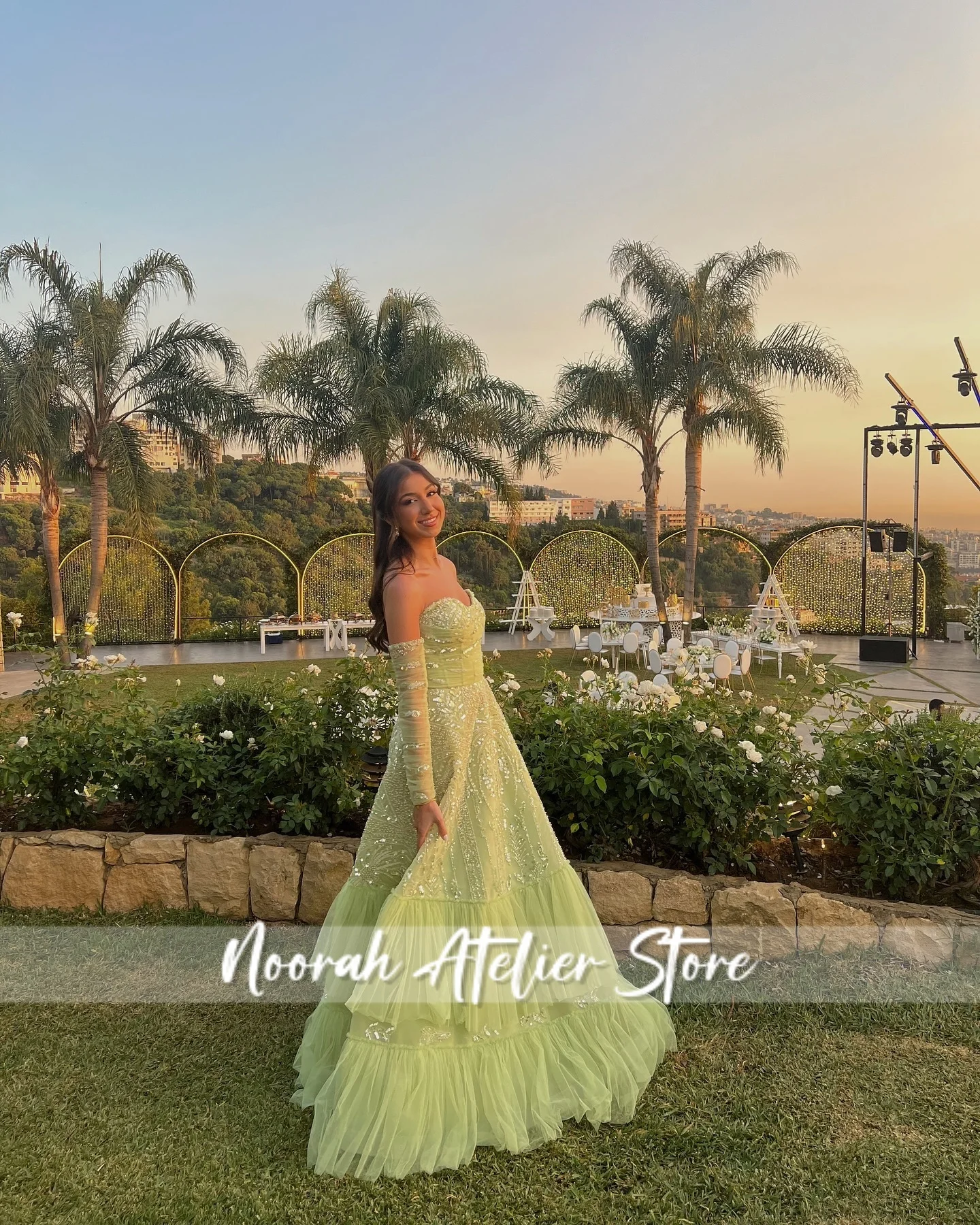 Green Strapless Sequin Tulle Saudi Arabia Evening Dresses With Gloves 2025 Aline Wedding Gown Formal Dresses Customized