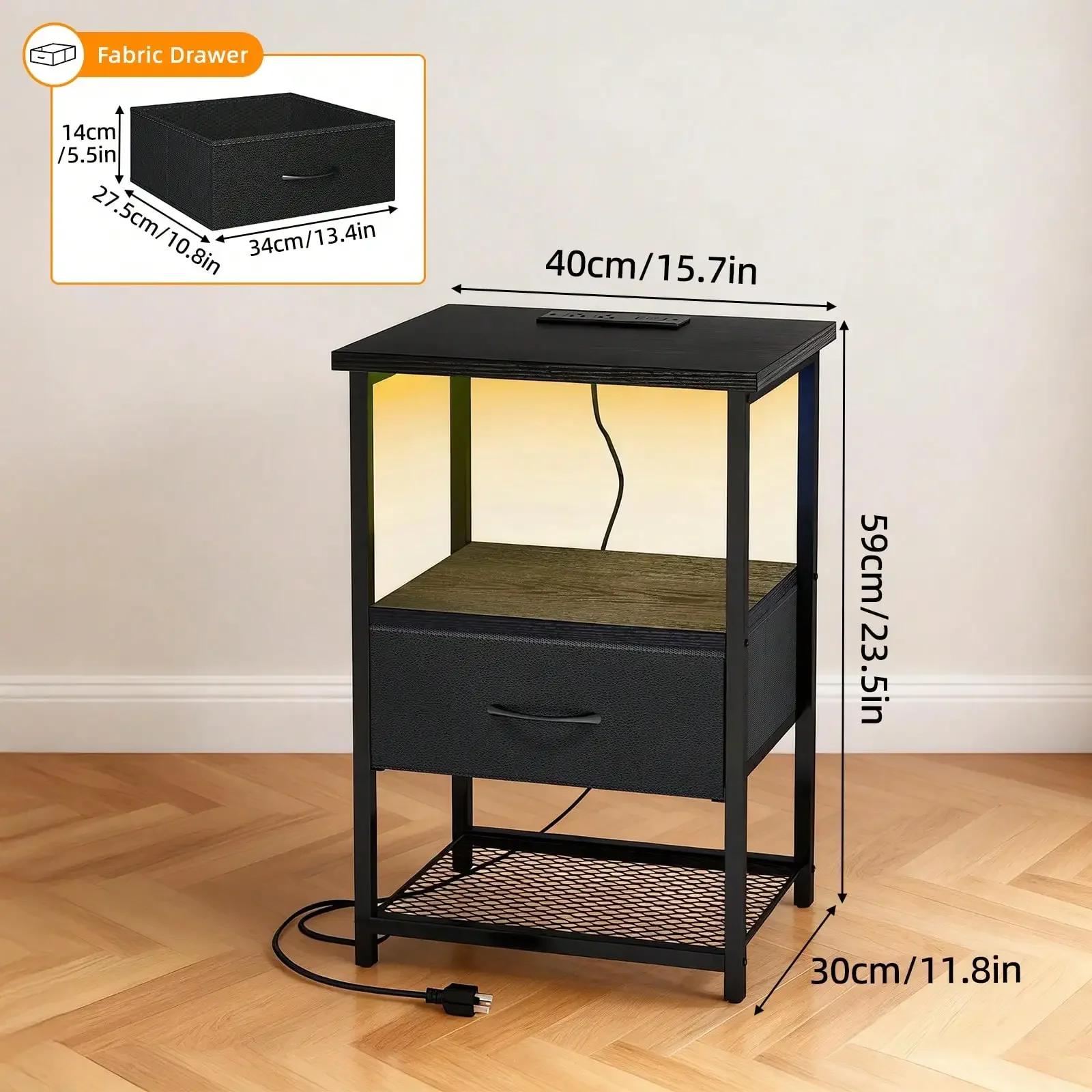 Tomnk Beside Table With Charging Station, LED Nightstand With Fabric Drawers, End Table With PU Finish, Bedside Table, For Bedroom