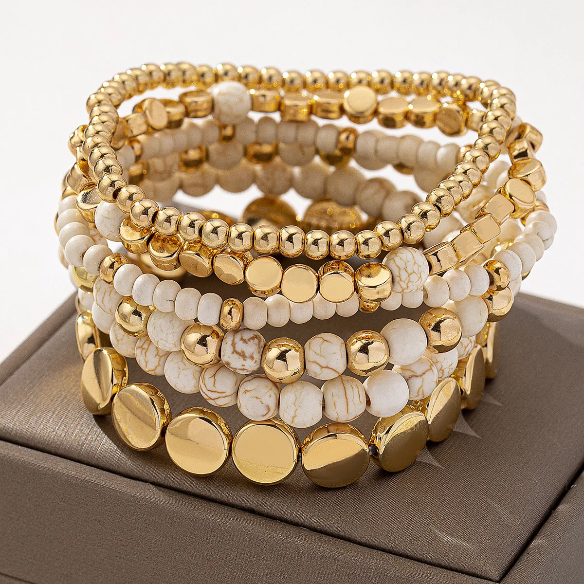 

6Pcs/Set Bohemia Golden Beaded Bracelets for Women Artificial Acrylic Stackable Stretch Bead Ball Bracelet Jewelry Set Gift