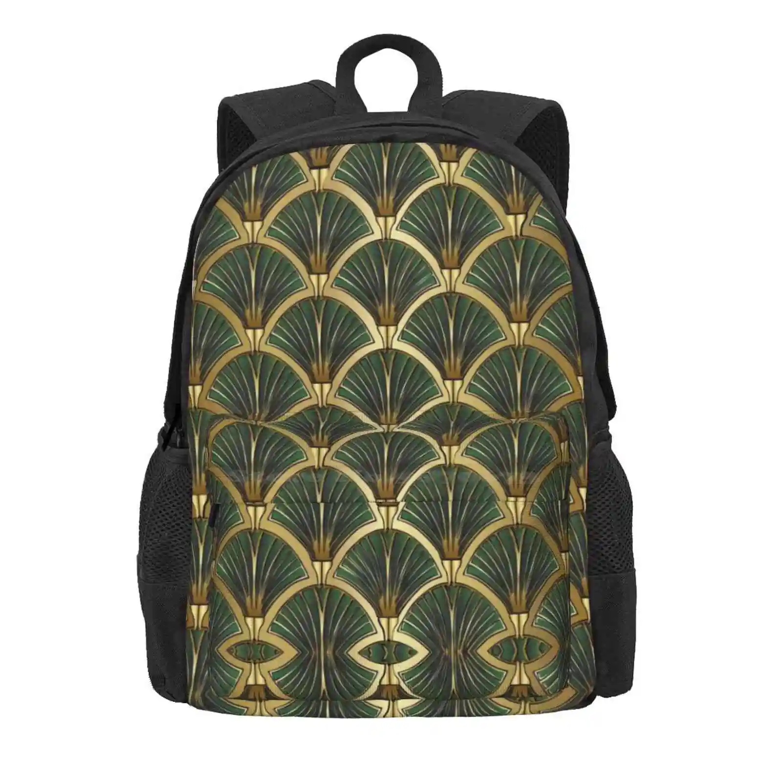 Art Deco Green Motif Hot Sale Schoolbag Backpack Fashion Bags Art 1920S 1930S Gold Fan Era Symmetery Metalic Lustre