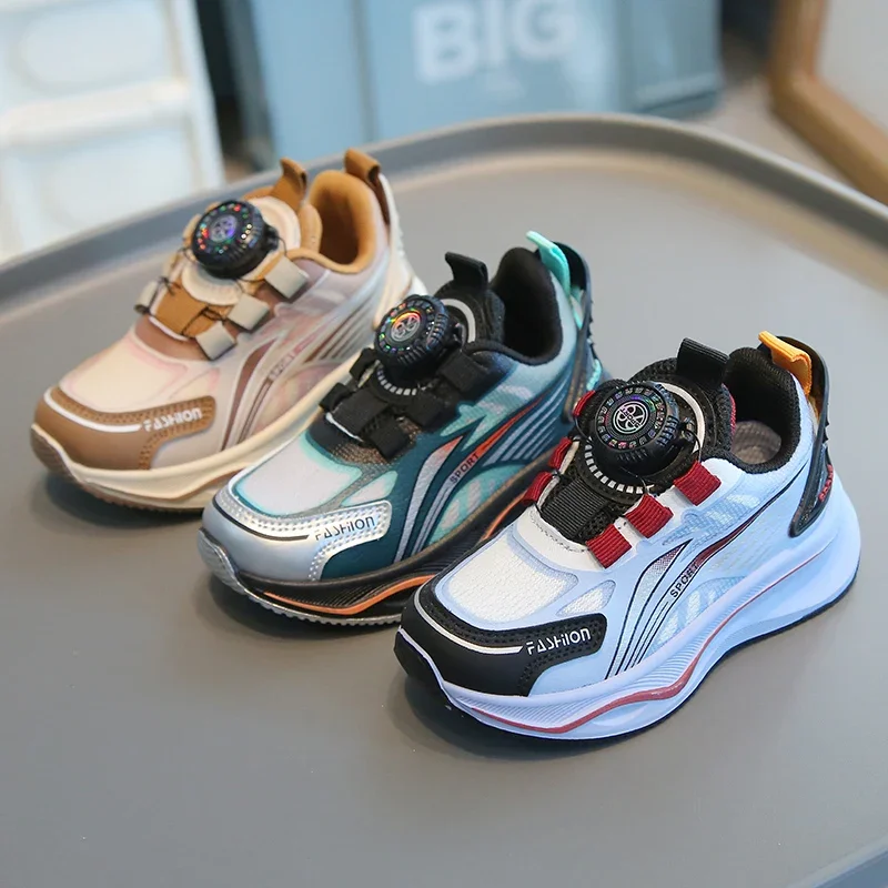 Children Sports Shoes 2024 Fashoin Boys Casual Sneakers Rotating Button Girls Running Shoes Baby Mesh Anti Slip Soft Sole Shoes