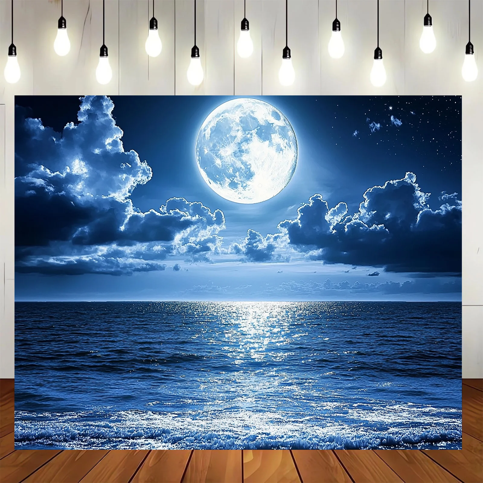 Dramatic Full Moon Ocean Sky Tapestry Art Decoration Blue Cosmic Night Sea Cloud Polyester Wall Hanging Print Decor