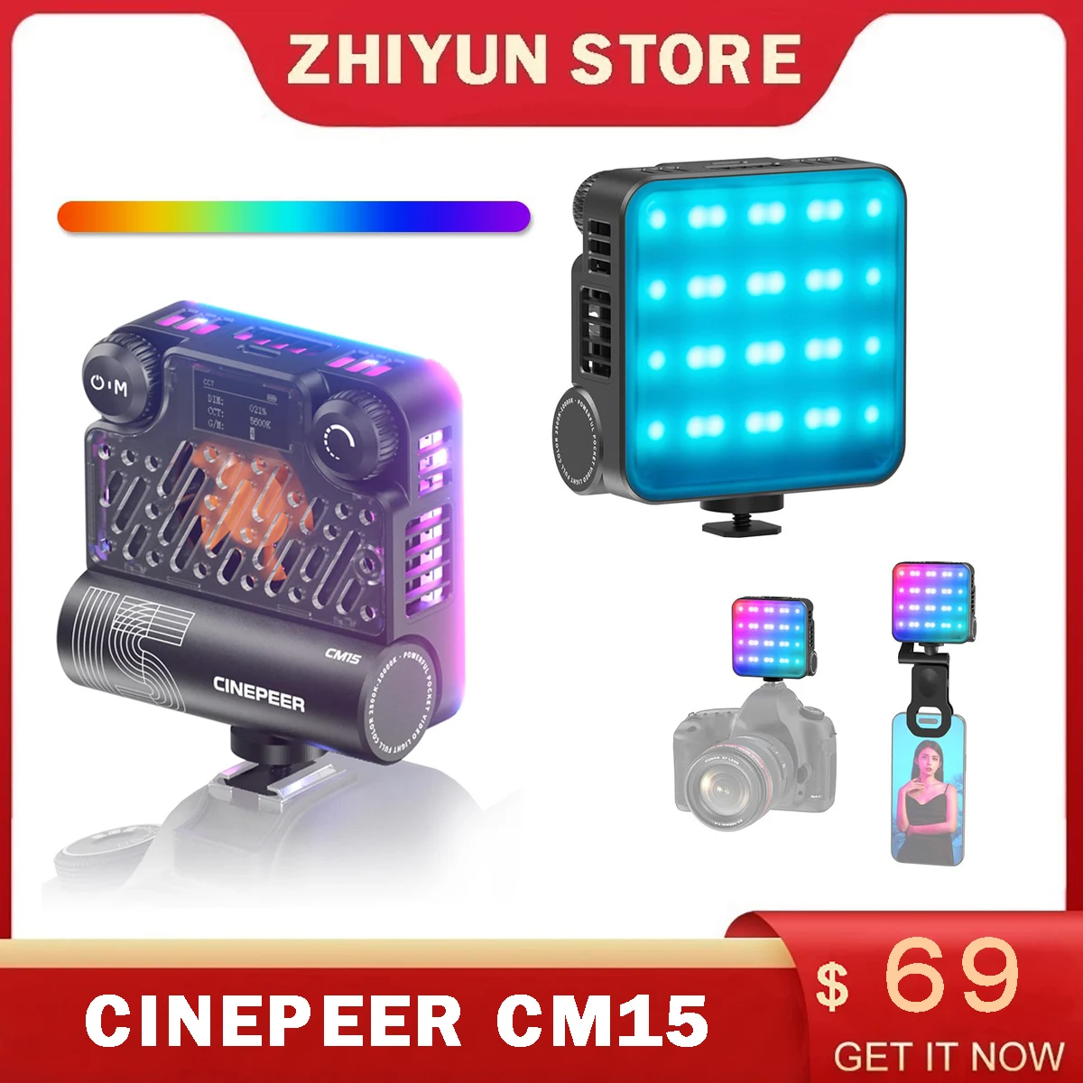 ZHIYUN CINEPEER CM15 15W RGB LED Video Light 2500K-10000K 2600mAh 18 Dynamic Effects Mini Fill Camera Light for Photography