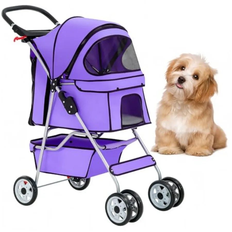 

Pet stroller for small/medium dogs cats: purple, waterproof 4-wheel foldable lightweight travel carrier with cup holder for out