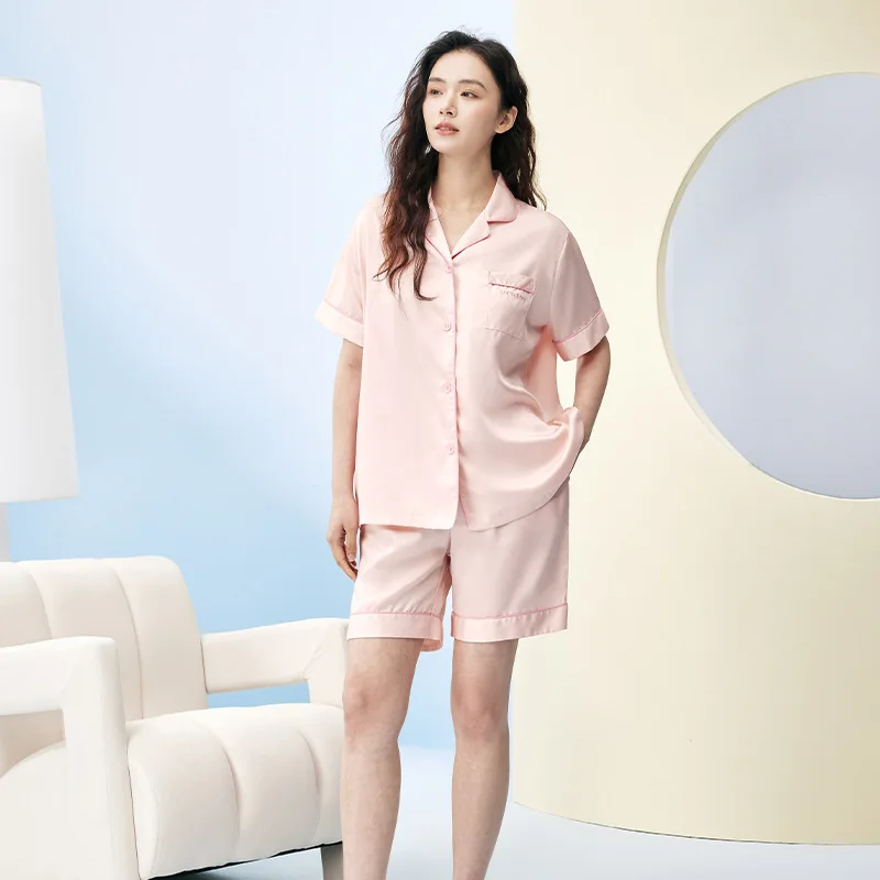 Women 100% Lyocell Tencel Pajama Set, Autumn Thin Lapel Long‑Sleeve Long Pants Ladies Home Loungewear Sleepwear Suit 2XL Size