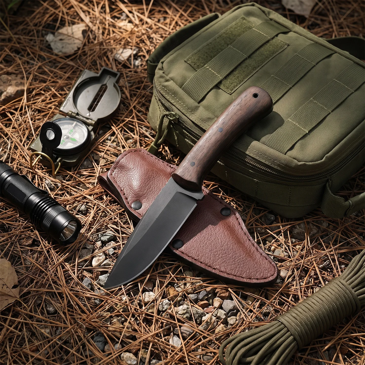 wk-highland-integrated-steel-outdoor-knife-maple-handle-three-layer-silent-sheath-adjustable-shoulder-strap