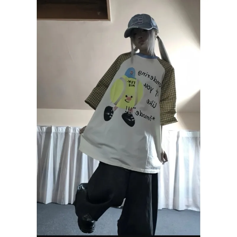 T-shirt à manches courtes et col rond pour femmes, mignon, imprimé de dessin animé de tennis, épissage, séchage rapide, marque tendance, ample, haut décontracté