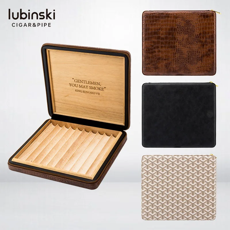 LUBINSKI Portable Cigar Box 10 Pack Rubinski Leather Cedarwood Zipper Cigar Box Gift Box