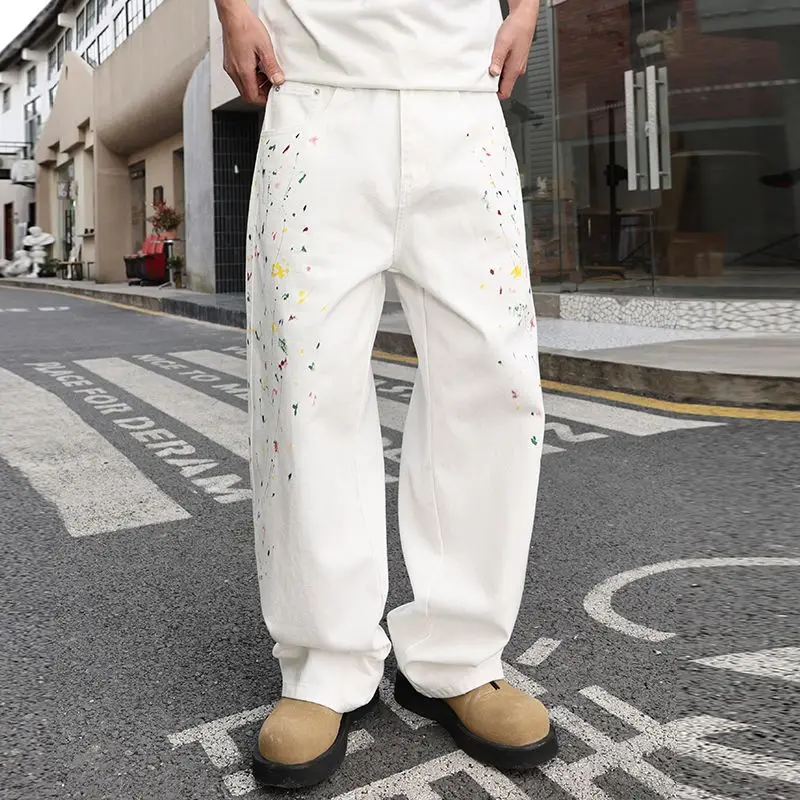 

European Ink Sprayed White Pants For Men Loosen Wide Leg Skateboard Denim Jeans