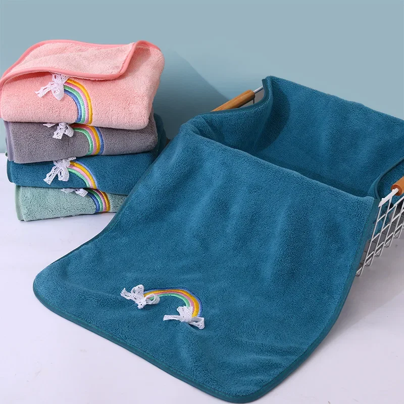 Fast drying coral velvet towel, rainbow embroidery hand towel, thick baby shower bath towel, Christmas gift items view 5