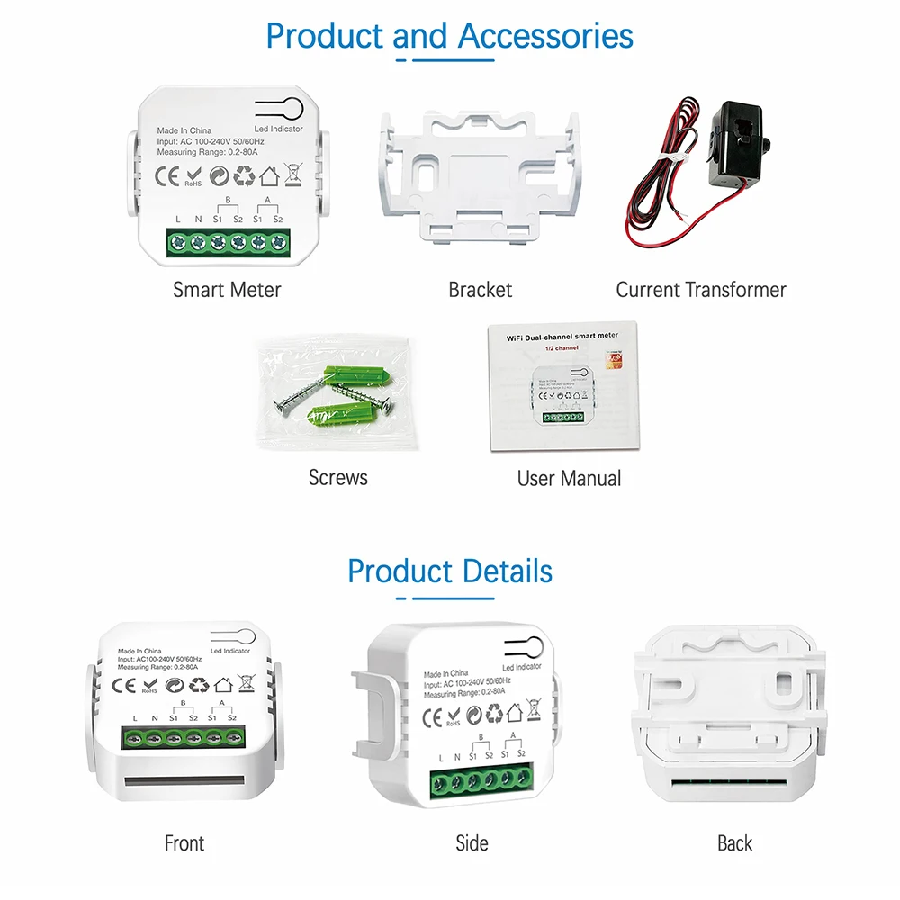ZFX-W6004/W6004B AC 100-240V 80A Single/Dual-Channel Tuya Wi-Fi Smart Electricity Meter, Solar PV System Power Meter