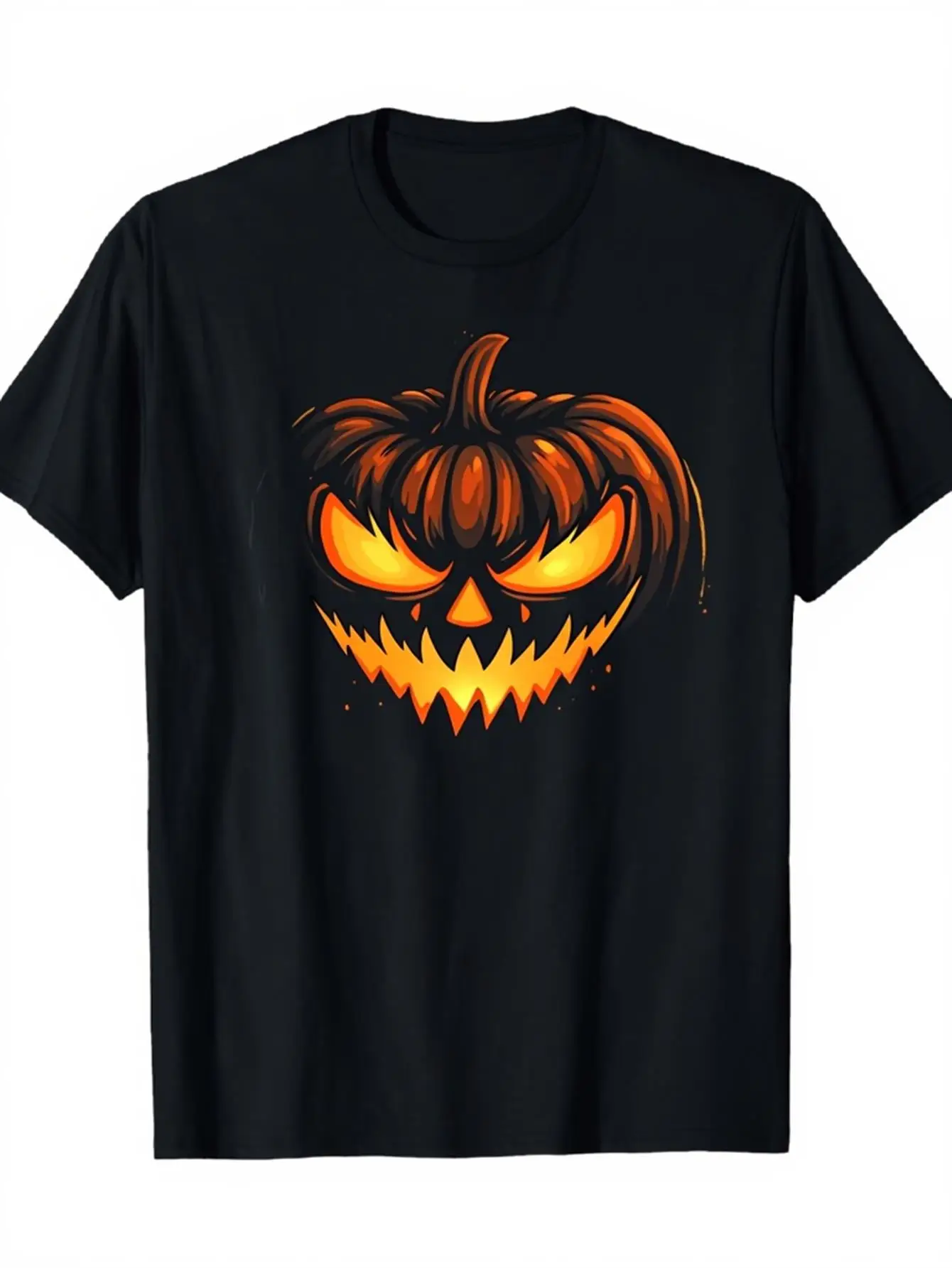 Gothic Men's Black Graphic T-Shirt Glowing Jack O Lantern Pumpkin Face Sharp Teeth Spooky Halloween Horror Retro Graphic 100% Cotton Heavyweight Short Sleeve Casual Streetwear Tee