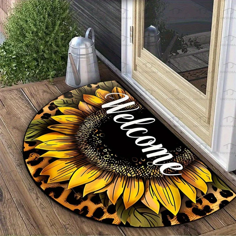 VIKAMA Half Round Welcome Sunflower Leopard Yellow Black Floral Art Crystal Velvet Door Mat Non Slip Entryway Bedroom Living