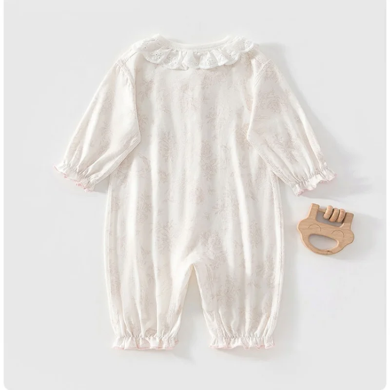 Summer 0-2Y Newborn Clothing Breathable Casual Baby Girl Jumpsuit Lace Collar Bow Lace Cuffs Single Breasted Buckle Romper