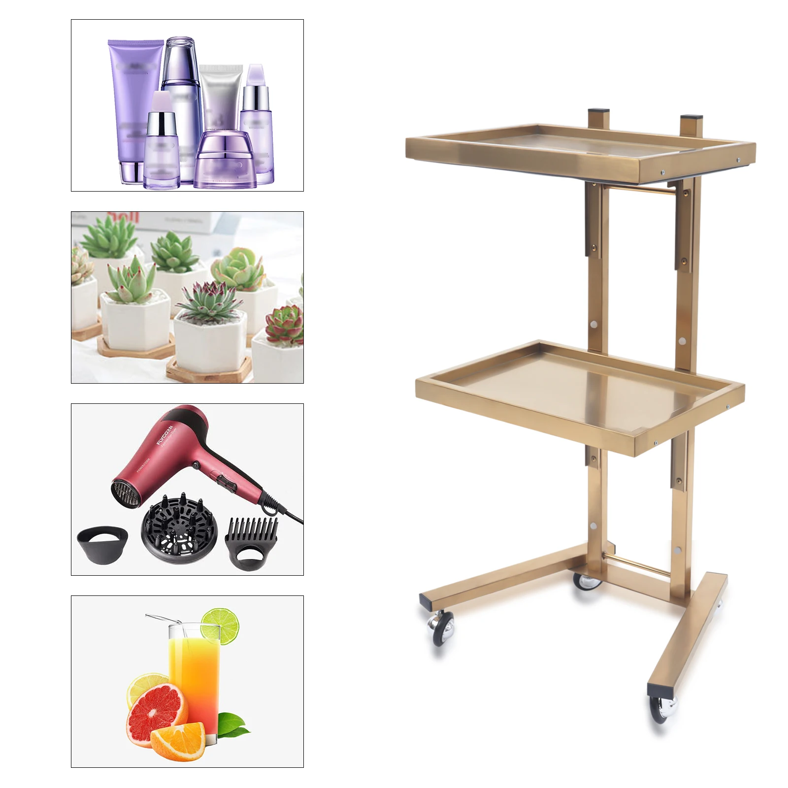 

Stylish 2-Tier Salon Trolley, Premium Stainless Steel, Anti-Corrosion, Space-Saving Design, Gold Finish