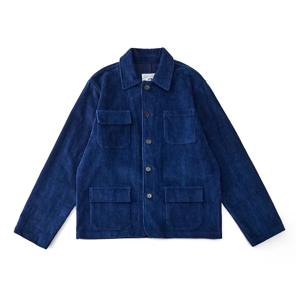 Vintage Handmade Indigo Corduroy Jacket Men Blue Dyed Lapel Multi-pocket French Cargo Autumn Winter Casual Cardigan Coat