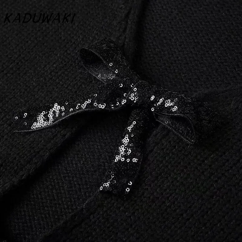 KADUWAKI-Cardigan rétro à paillettes à manches longues avec nœud classique, pulls polyvalents, mode automne et hiver