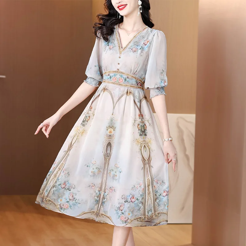 

2025 Summer New Silk Dress Women's V-neck Flower Printed Short Sleeve Shrinking Waist for Slimming and Knee length Long Dress