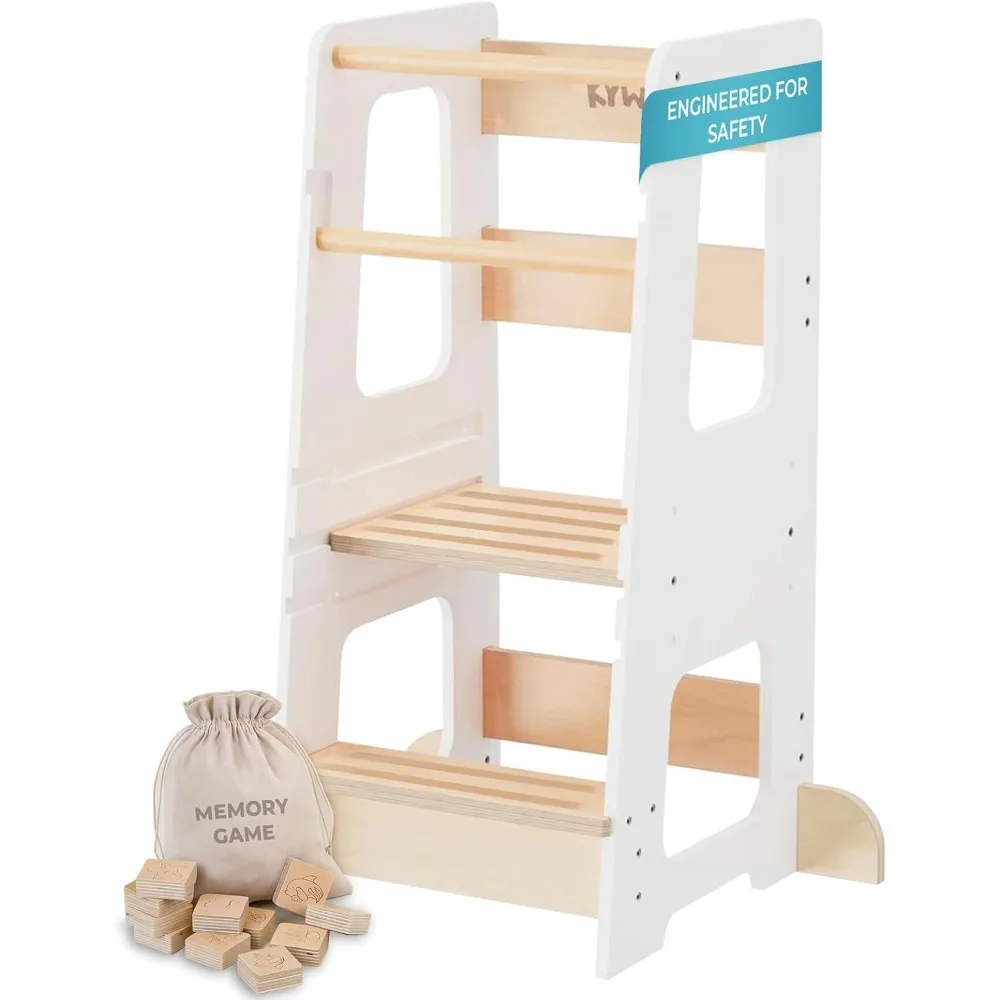 Taburete de cocina para niños pequeños, torre de pie ajustable con rieles de seguridad, diseño antipuntas y calcomanías antidesl