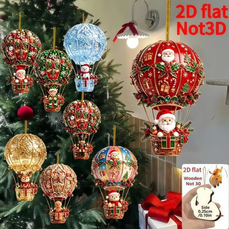 8Pcs 2D Santa Claus Hot Air Balloon Wooden Hanging Ornaments Vintage Handmade Xmas Decor for Rustic Home Holiday Party