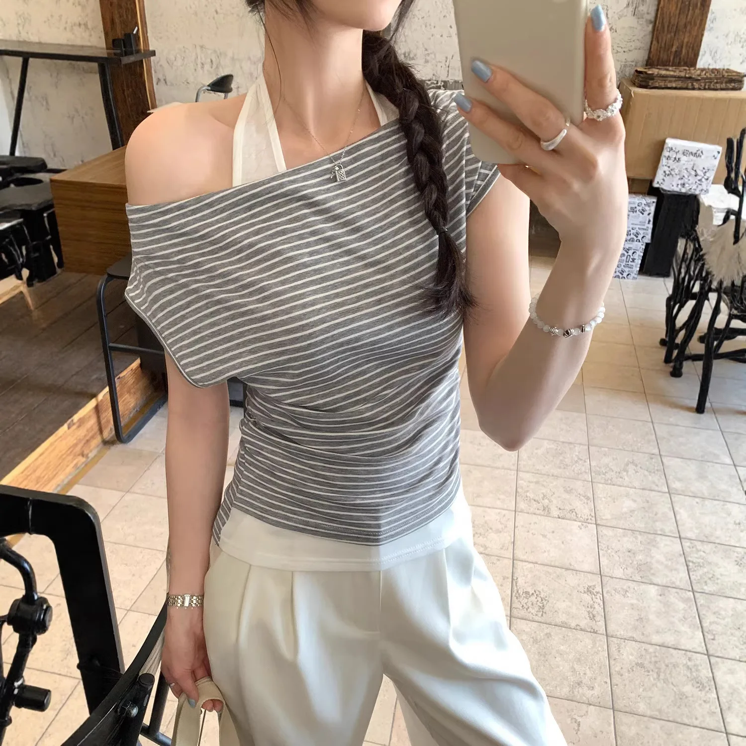 

T-shirt Women's Summer New Pleated Waist Sleeveless Swinging Collar Off-the-shoulder Top