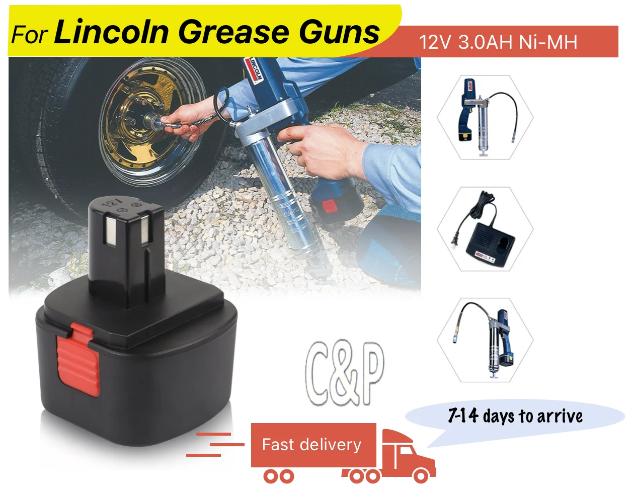 

C & P для Lincoln Smar Guns 12 В, аккумуляторный контакт 3,0 Ач, 2 шт., Ni-MH сменный аккумулятор 12 В 1200 1242 1244 LIN-1200 LIN-1240