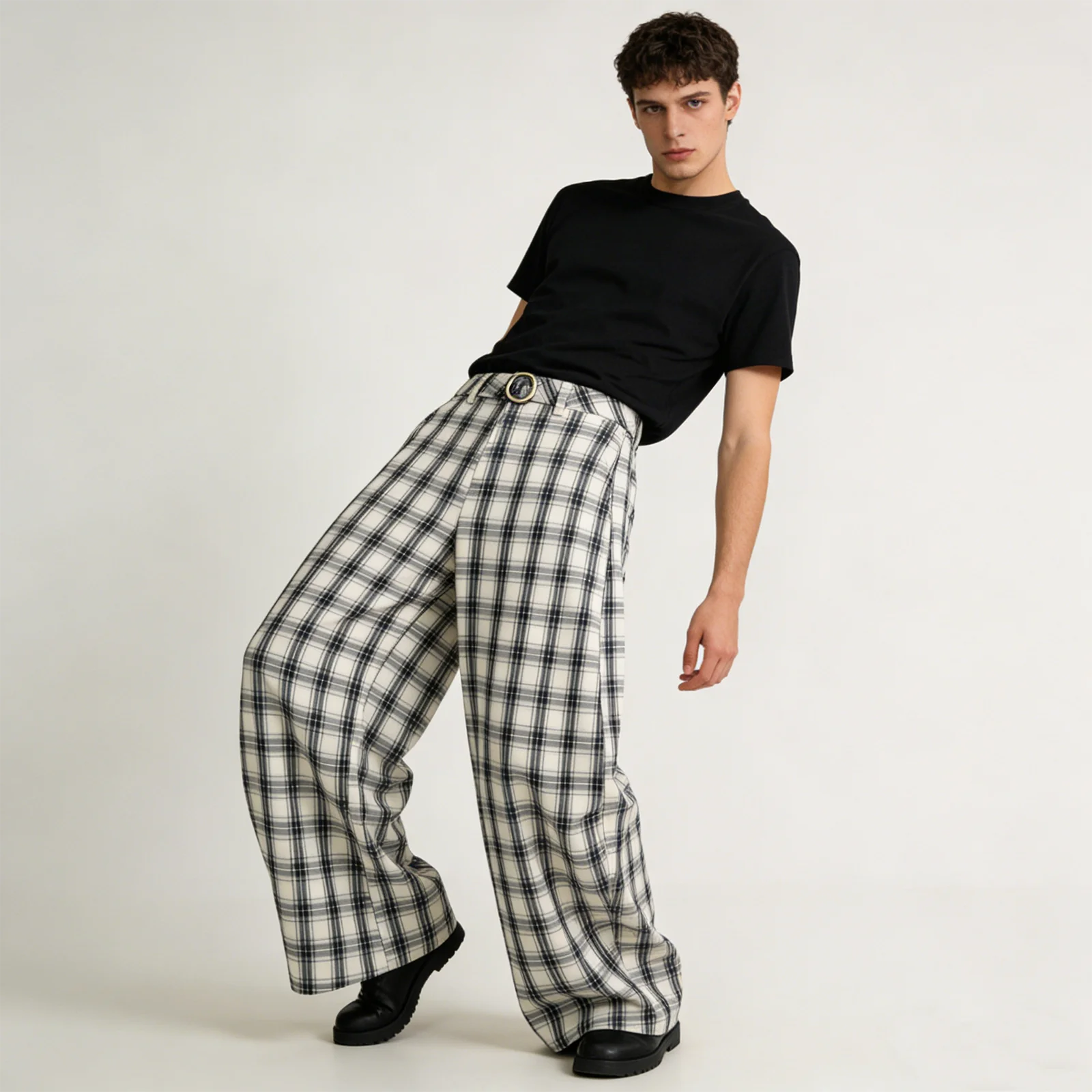 Korean Retro Old Money Style Plaid Lantern Pants Baggy Checkered Wide Leg Trousers Neutral Style Relaxed Fit Casual Trousers