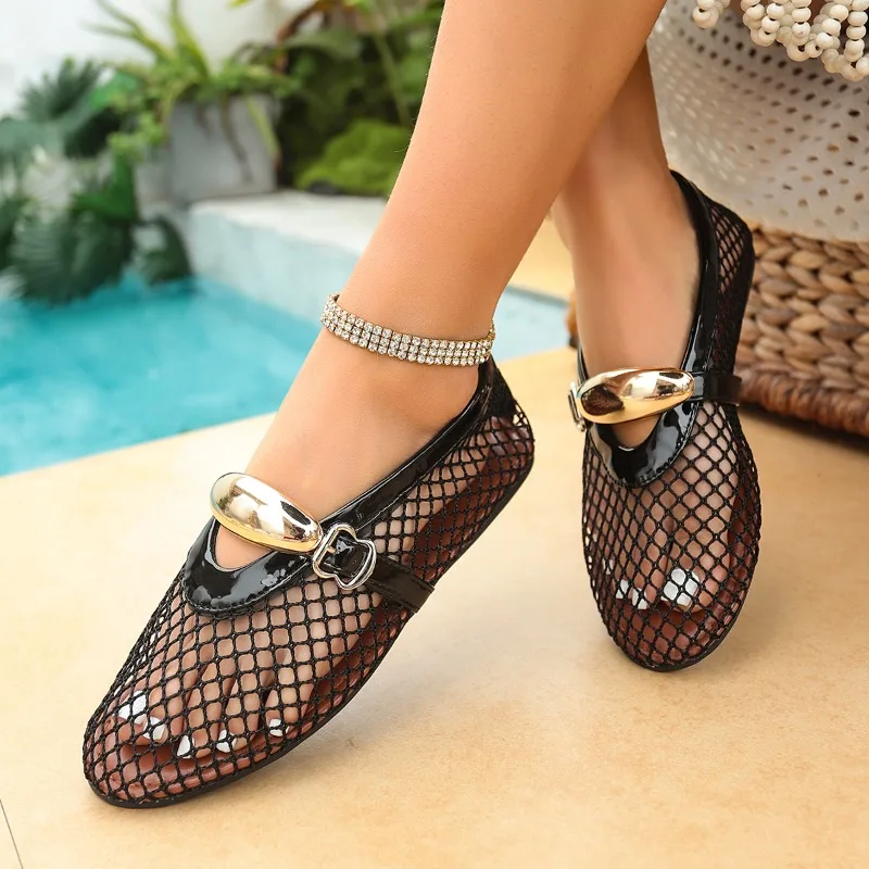 2026 Summer Women's Mary Jane Flat Shoes, New Round Toe Fishnet Hollow-Out Ballet Flats Comfortable Outdoor Walking Casual Shoes