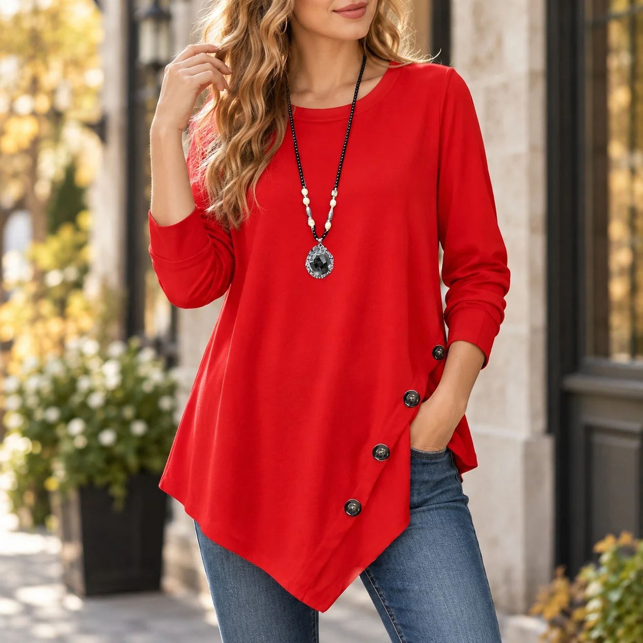 Round Neck Long Sleeve Top Regular Length Elegant Commuting with Autumn British Style Casual Regular Fit T Shirts for Women