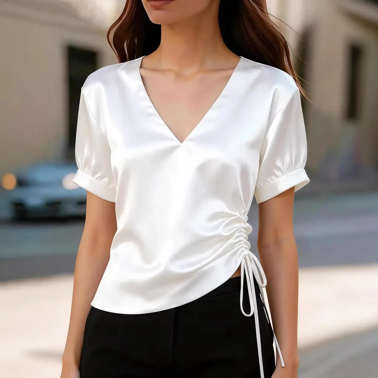 Women V Neck Puff Short Sleeve Blouse Solid Side Drawstring Elegant Office Casual Tops